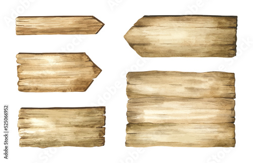 Watercolor wooden sign boards and arrows set. Watercolor hand-drawn pointers. Signs and signs made of wood.