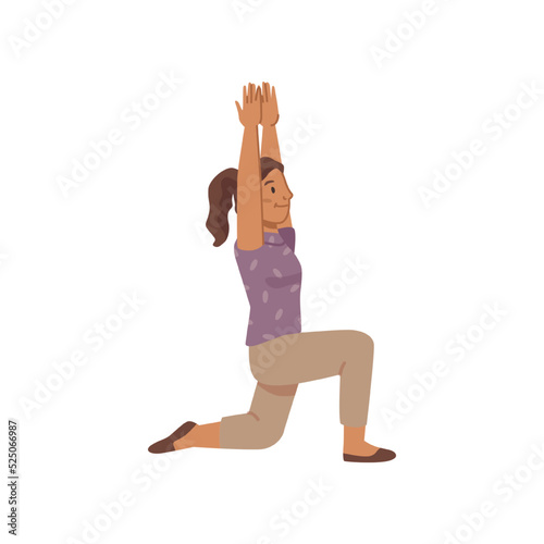 Young girl doing fitness sport, lunges with hands up. Teenager woman in sportswear isolated on white. Exercises on flexibility and balance, vector flat cartoon character