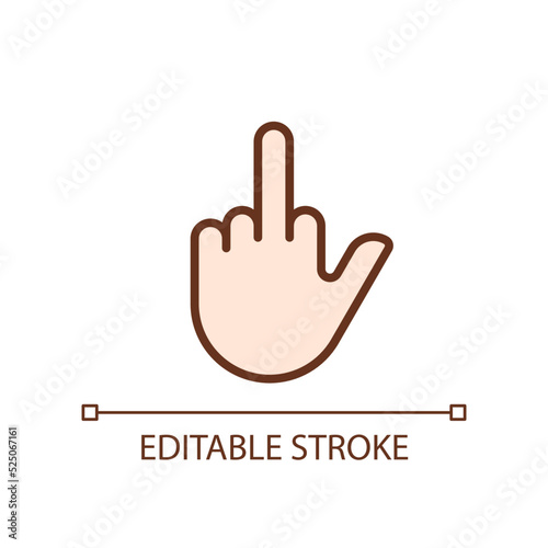 Middle finger pixel perfect RGB color icon. Obscene hand gesture. Offensive non verbal message. Isolated vector illustration. Simple filled line drawing. Editable stroke. Arial font used