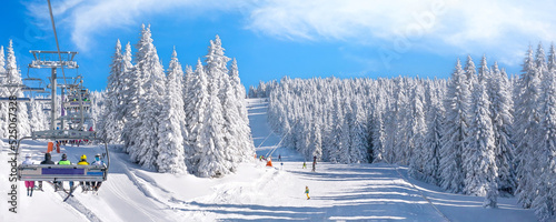 Fotografie Panorama of ski resort, slope, ski lift