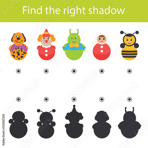 Game for the development of logic for children. Find the correct shadow. Cartoon vector  illustration of a roly-poly photo