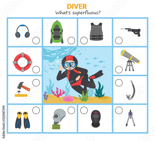 Game for kids. Diver. What's superfluous?  Preschool worksheet activity. Children funny riddle entertainment for the development of logical thinking