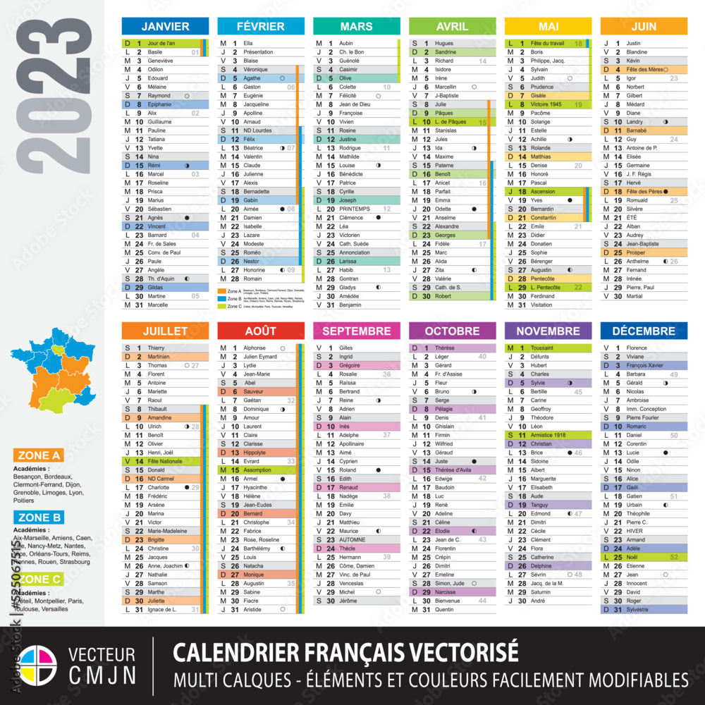 Vettoriale Stock Calendrier français 2023 avec vacances scolaires