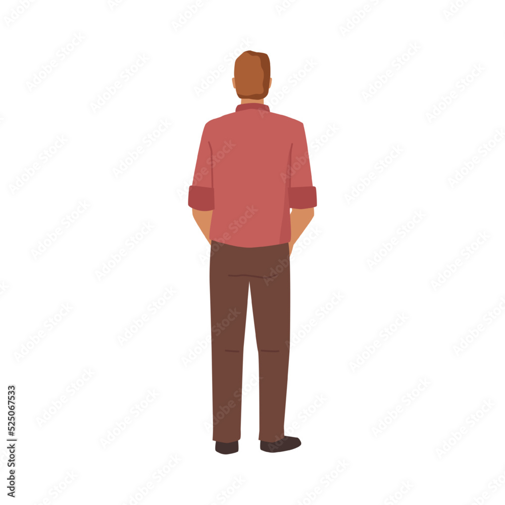 Handsome man rear view portrait isolated fashionable flat cartoon character. Vector illustration of adult caucasian person in shirt and trousers, back view Handsome man rear view portrait isolated fashionable flat cartoon character. Vector illustration of adult caucasian person in shirt and trousers, back view