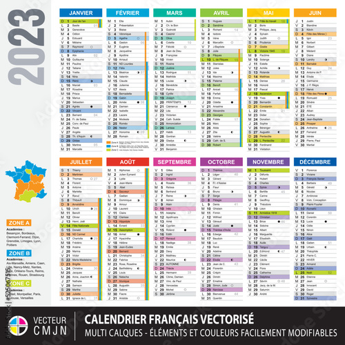 Calendrier français 2023 avec vacances scolaires, saints du jour, cycles lunaires, jours fériés, fêtes etc... Textes 100% vectorisés. Vecteur Multi calques facilement modifiable.