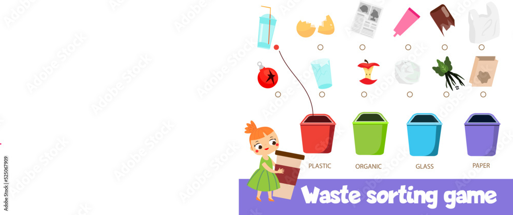 Garbage sorting educational children game. Match trash with bin Sorter activity for kids