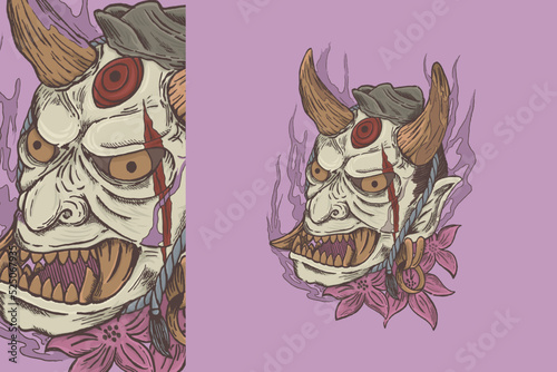 Illustration of a shinigami with horns and eyes on its forehead among the cherry blossoms