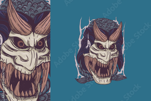 Japanese oni mask illustration in retro style on blue background