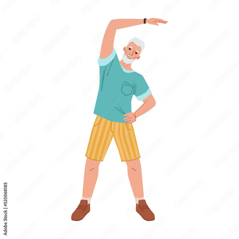 Cartoon old person training stretching hand aside, yoga fitness classes. Vector flat cartoon personage doing sport exercises, sportsman training workout. Healthy lifestyle wellness wellbeing Cartoon old person training stretching hand aside, yoga fitness classes. Vector flat cartoon personage doing sport exercises, sportsman training workout. Healthy lifestyle wellness wellbeing