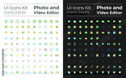 Photo and video editor flat color ui icons set for dark, light mode. Media files editing tools. GUI, UX design for mobile app. Vector isolated RGB pictograms. Montserrat Bold, Light fonts used