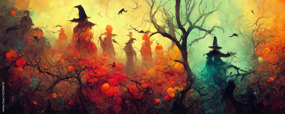 Creepy halloween background, ghosts and witches in spooky forest - obrazy, fototapety, plakaty 