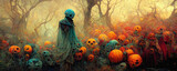 Creepy halloween background, ghosts, witches and pumpkins in spooky forest