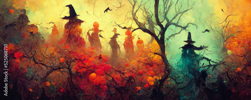 Creepy halloween background, ghosts and witches in spooky forest