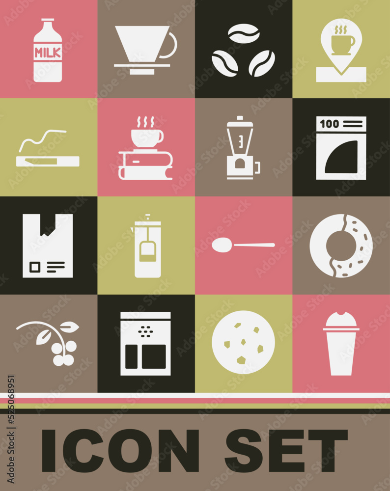 Set Milkshake, Donut with sweet glaze, Coffee paper filter, beans, cup and book, Cigarette, Bottle milk and Electric coffee grinder icon. Vector Set Milkshake, Donut with sweet glaze, Coffee paper filter, beans, cup and book, Cigarette, Bottle milk and Electric coffee grinder icon. Vector