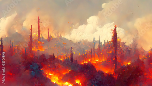 Wildfire, forest burning, 4k digital painting. Illustration of trees that burn. Landscape on fire after a heatwave. Wild flames raging trough the environment. Background, wallpaper. Red, yellow flames
