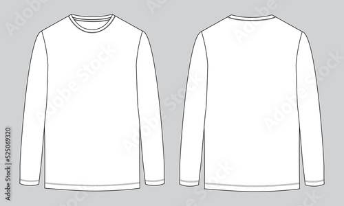 Long Sleeve t shirt technical fashion flat sketch vector illustration template front and back views. Apparel design mock up Cad easy edit and customizable