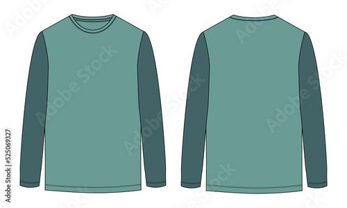 Two tone Color long Sleeve t shirt technical fashion flat sketch vector illustration template front and back views. Apparel design mock up Cad easy edit and customizable