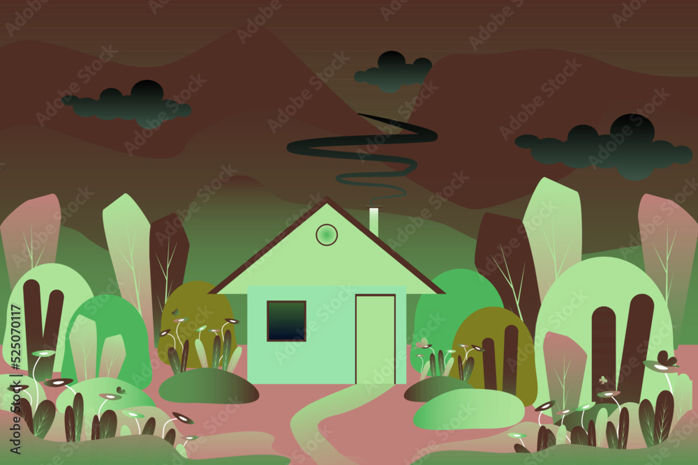 Beautiful country house with garden and forest. Cartoon vector illustration. Design for web design development. Beautiful landscape with a rustic house, abstract minimalistic illustration.