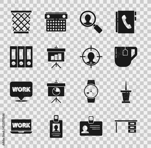 Set Office desk, Push pin, Cup of tea with tea bag, Magnifying glass for search people, Chalkboard diagram, folders, Trash can and Head hunting concept icon. Vector