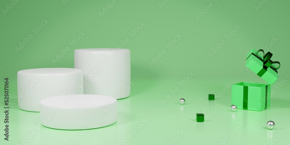 3d render podium for displaying products with green back and gift boxes 3d render podium for displaying products with green back and gift boxes