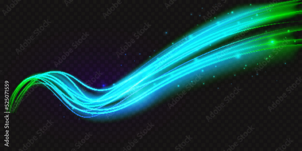 Obraz premium Luminous neon azure shape wave, abstract light effect vector illustration. Wavy glowing green neon blue bright flowing curve lines, magic glow energy motion particle on transparent black background.