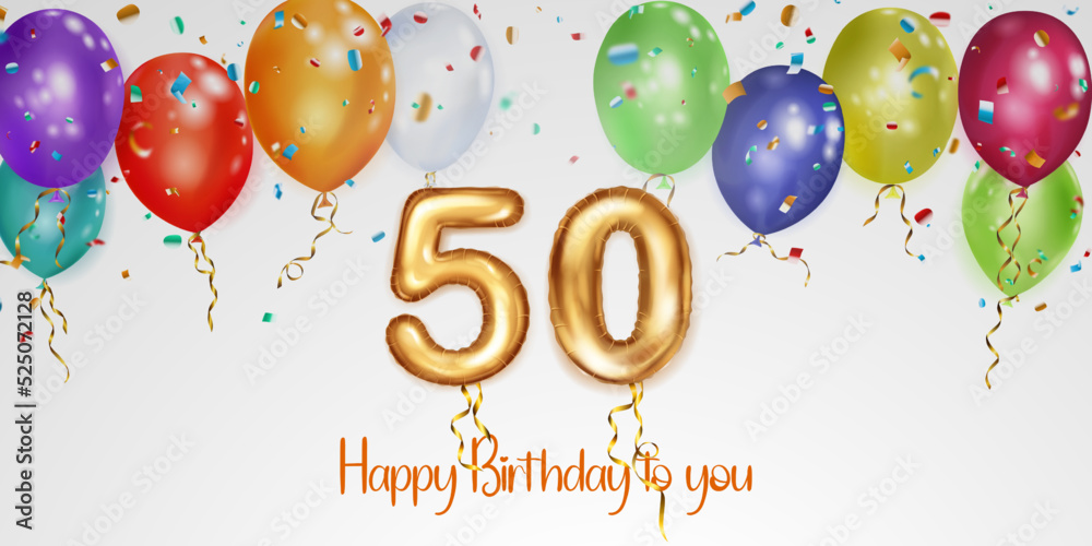Festive birthday illustration with colored helium balloons, big number ...