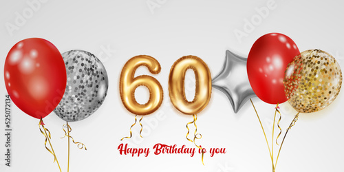 Festive birthday illustration with colored helium balloons, big number 60 golden foil balloon and inscription Happy Birthday on white background