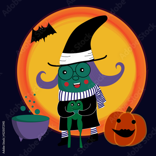 Cute cartoon witch character. Happy halloween vector illustration.