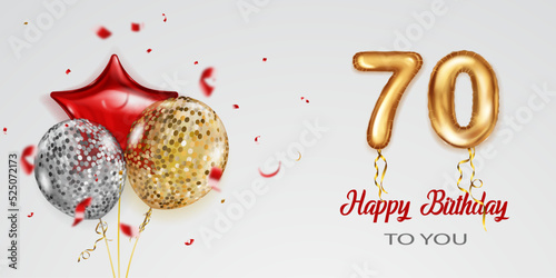 Festive birthday illustration with colored helium balloons, big number 70 golden foil balloon, flying shiny pieces of serpentine and inscription Happy Birthday on white background