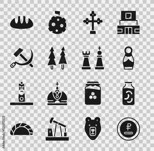 Set Rouble, ruble currency, Pickled cucumbers in a jar, Russian doll matryoshka, Christian cross, Christmas tree, Hammer and sickle USSR, Bread loaf and Chess icon. Vector