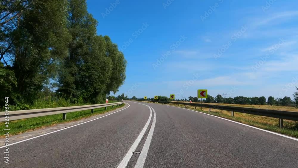 Beautiful nature of Poland. The car is driving on the road to Poland. Interior view Elblag, POLAND, august 2022 Beautiful nature of Poland. The car is driving on the road to Poland. Interior view Elblag, POLAND, august 2022