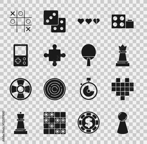 Set Chip for board game, Pixel hearts, Chess, Hearts, Puzzle pieces toy, Tetris, Tic tac toe and Racket icon. Vector