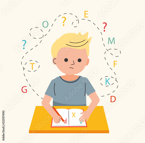 Dysgraphia, dyslexia and  learning difficulties concept. Vector illustration. Young boy character has problems with reading, writing.