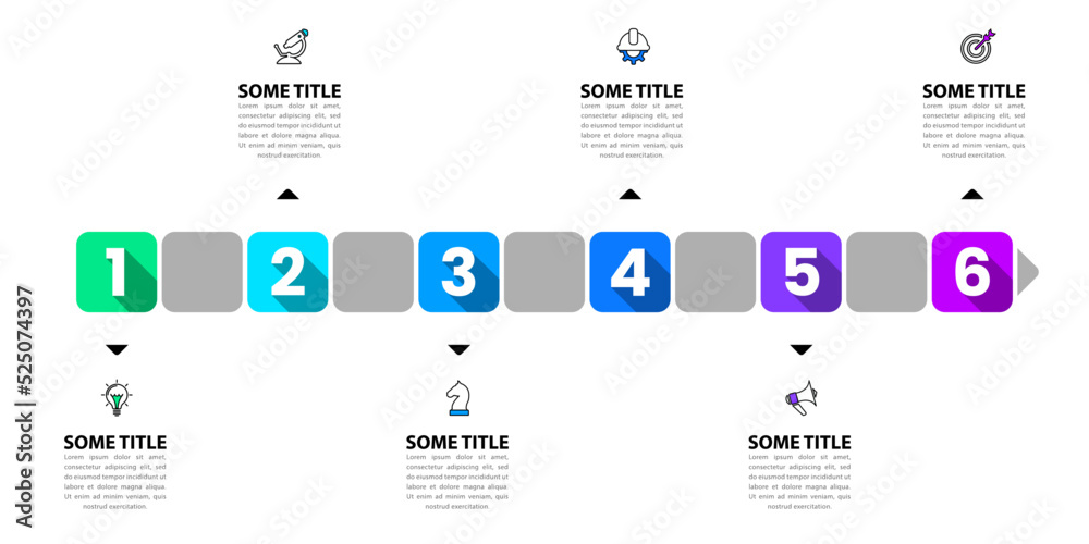 Infographic template. Timeline with 6 squares and numbers