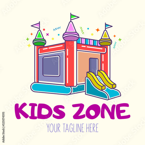 Bouncy castle cartoon logo. Kids zone concept. Children Playground sign.