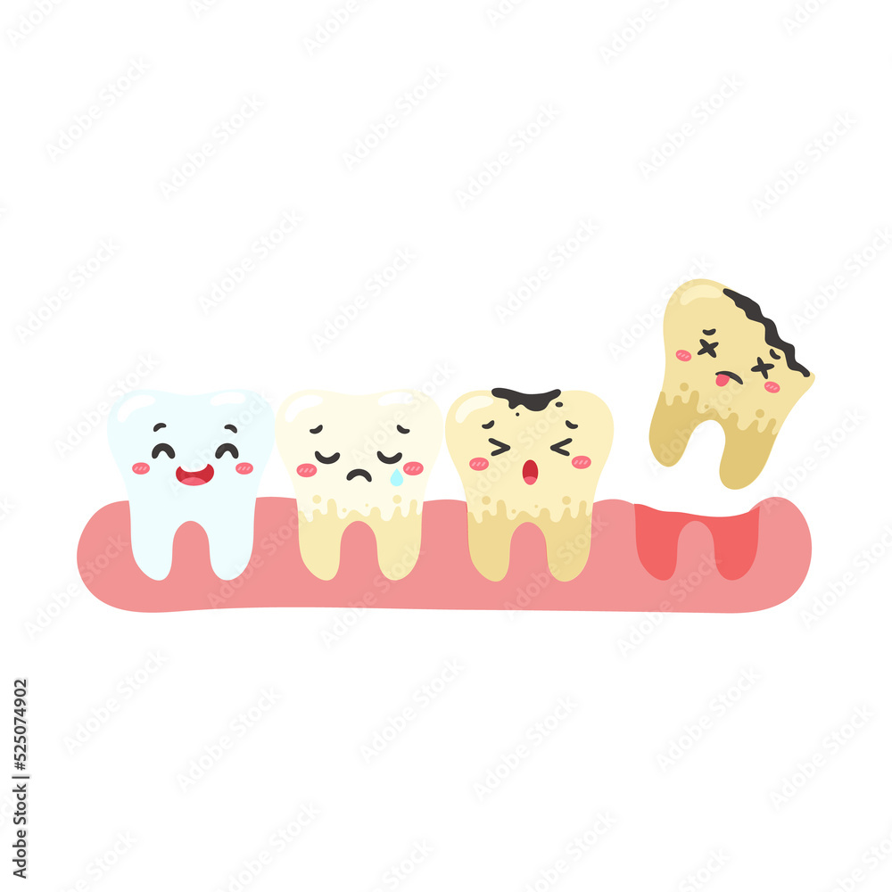 Naklejka premium Cartoon teeth and gums inside the mouth are happy with the problem of tooth decay. There are plaque on the teeth.