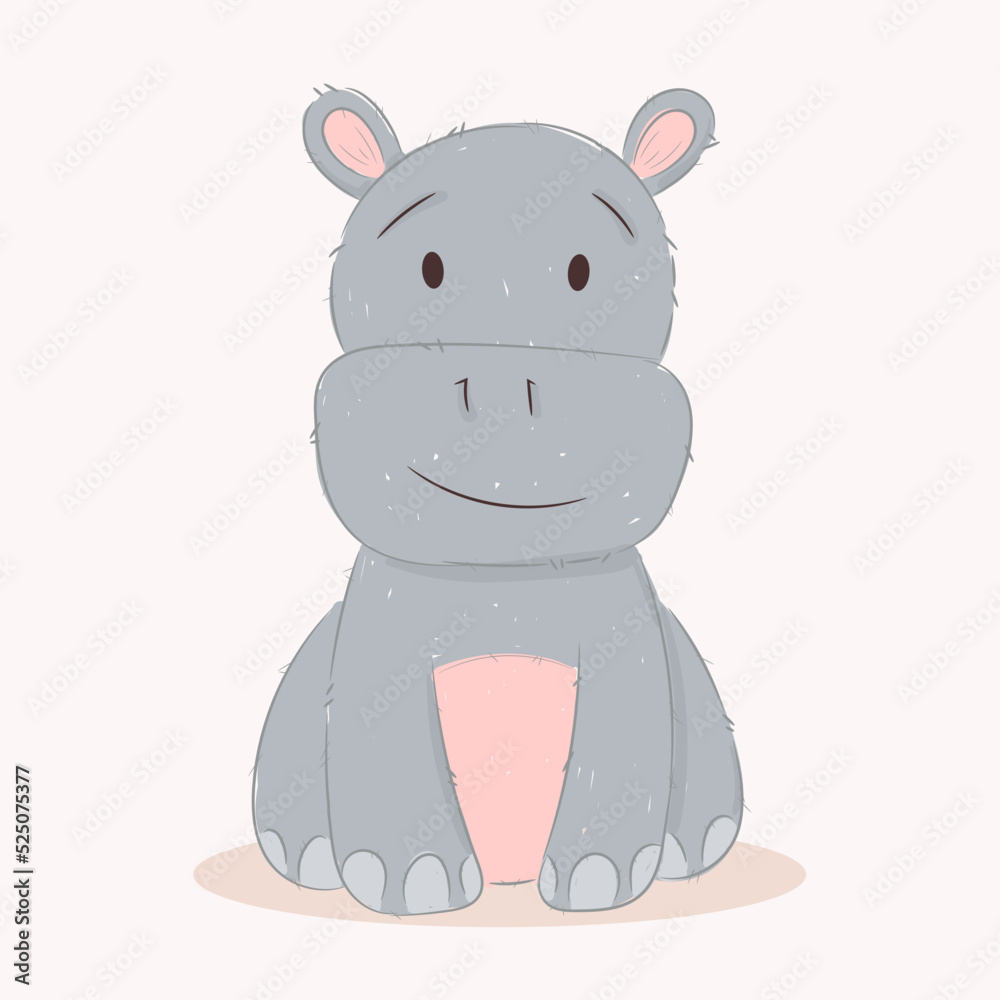 Naklejka premium Cute funny baby hippopotamus. Wild african adorable animal character for design of album, scrapbook, card and invitation. Hand draw cartoon colorful vector illustration.