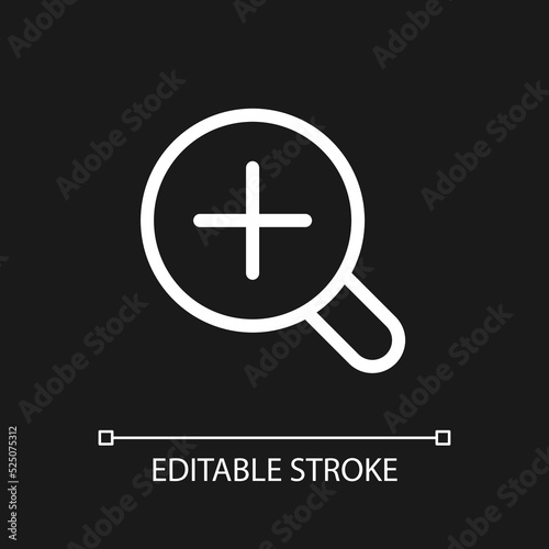 Magnifier and plus pixel perfect white linear ui icon for dark theme. Image enlargement. Vector line pictogram. Isolated user interface symbol for night mode. Editable stroke. Arial font used
