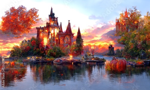 Evening autumn calm landscape. Old castle surrounded by trees on a bank of still river. Natural beautiful scene. Fantasy wallpaper. Digital painting illustration.