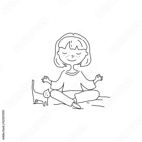 Doodle hand drawn illustration. Girl with a cat in lotus position. Collection.