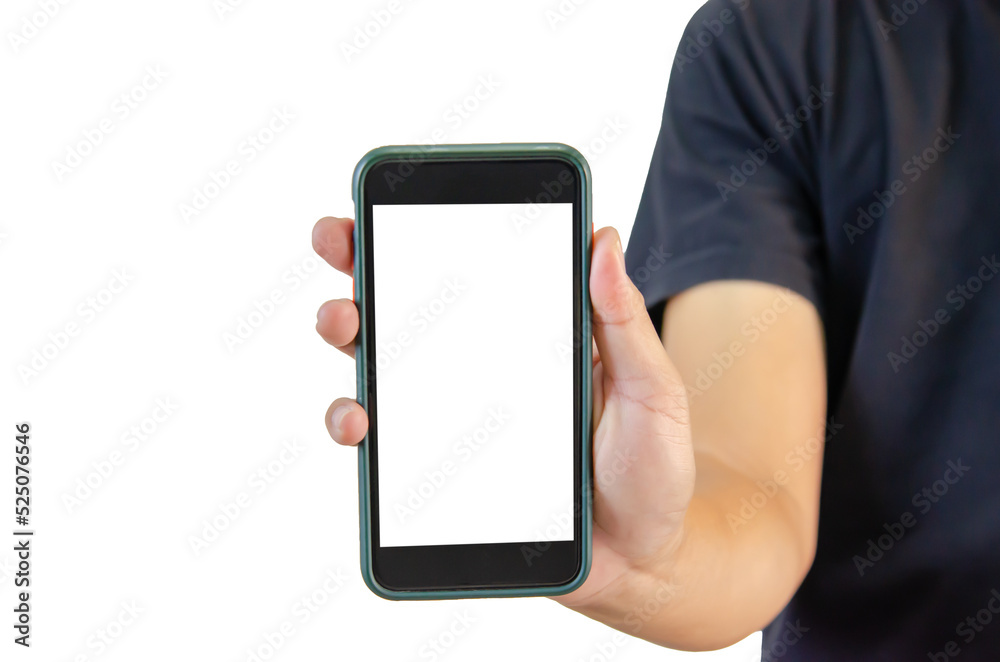 Hand holding a smartphone on a transparent png. White blank phone screen.