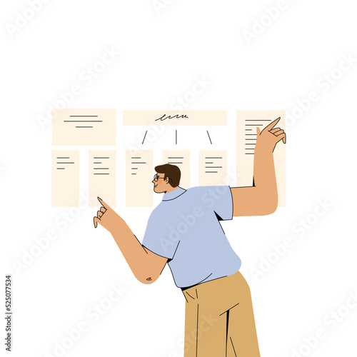 The man studies the tasks. Flat graphic vector illustration isolated on white background
