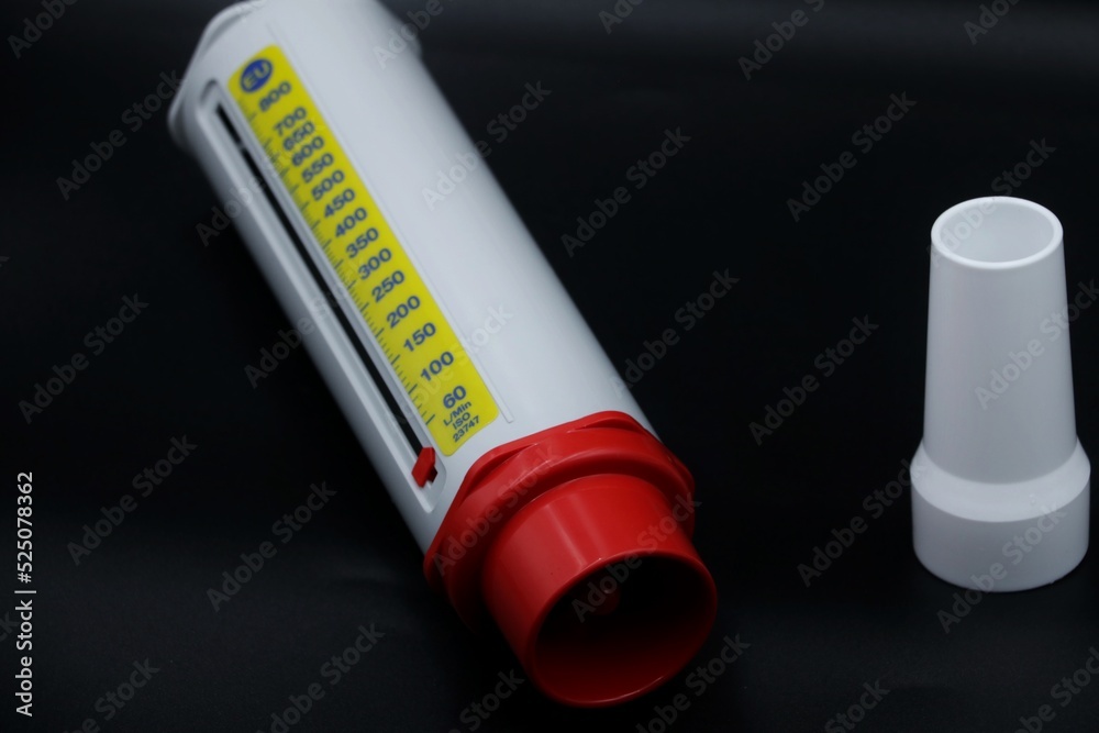 A peak flow meter with a disposable mouthpiece. Peak flow test used in