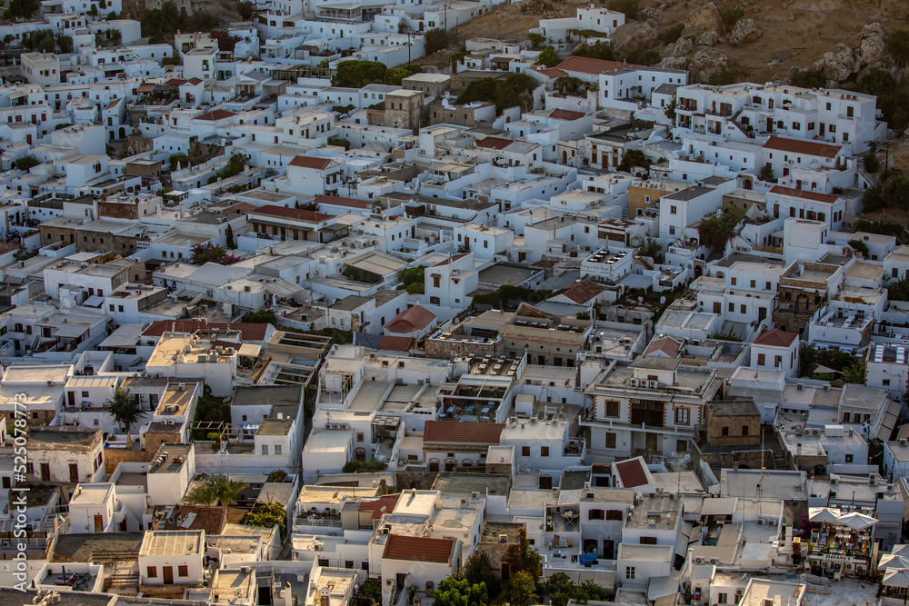 Lindos town on Rhodes island, Greece, beautiful sunset Lindos town on Rhodes island, Greece, beautiful sunset