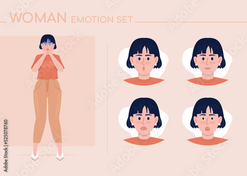 Confused young woman semi flat color character emotions set. Editable facial expressions. Doubt vector style illustration for motion graphic design and animation. Comfortaa font used