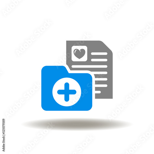 Vector illustration of directory with medical cross and sheet paper with heart. Icon of EHR EMR Electronic Health or Medical Record. Symbol of medicine data, patient history.