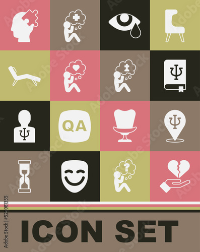 Set Broken heart or divorce, Psychology, Psi, book,, Tear cry eye, Head with, Armchair, Solution to the problem and Man graves funeral sorrow icon. Vector