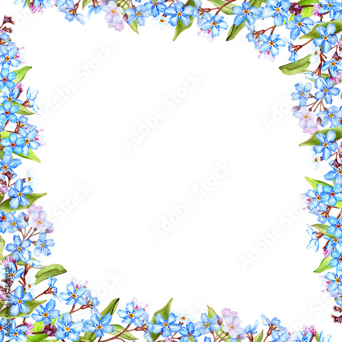 Forget-me-not flowers frame, hand drawn watercolor illustration isolated on white