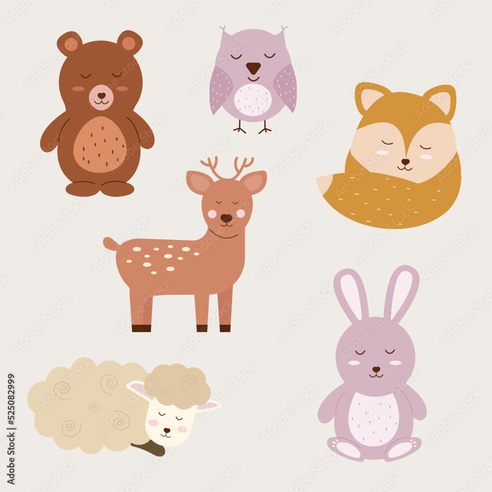 Boho animal character set with eyes closed. Baby animals. Vector illustration. Boho animal character set with eyes closed. Baby animals. Vector illustration.