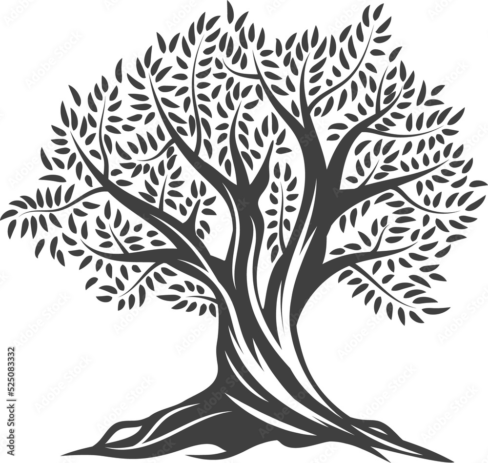 Obraz premium Olive tree icon, leaves, branches, olive oil label
